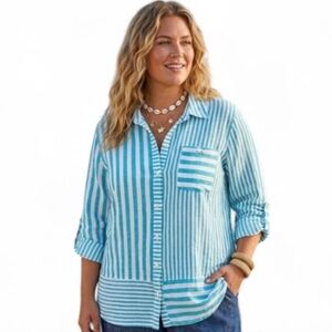 Coastal Teal White Striped Linen Blend Toggle Button Top XL